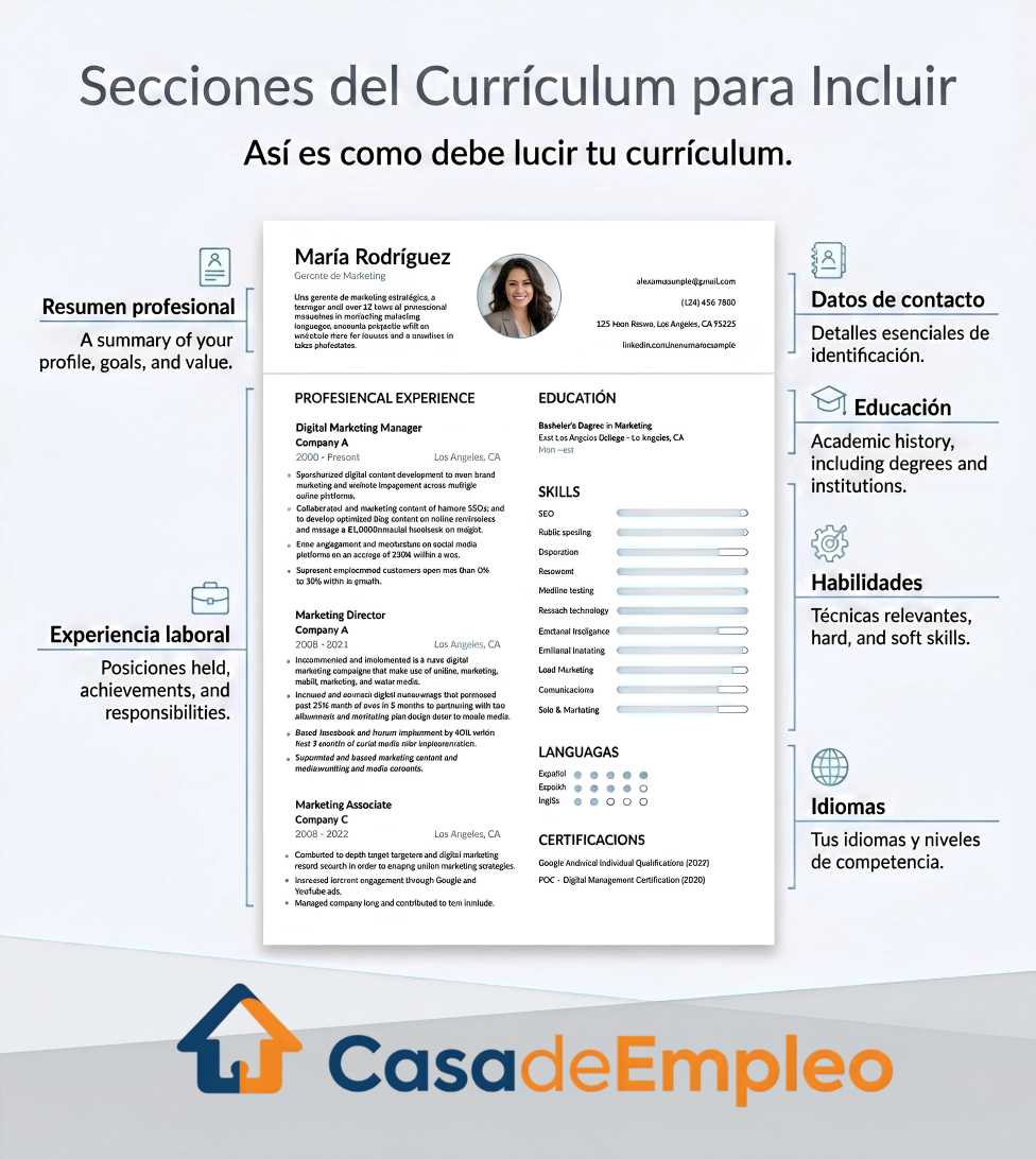 Infografía con las secciones que debe llevar un buen currículum: datos de contacto, resumen profesional, experiencia laboral, educación, habilidades e idiomas
